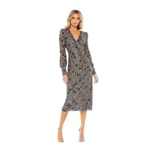 Mac Duggal NEW Size 18 Long Sleeve Embellished V Neck Midi Dress Charcoal 5571